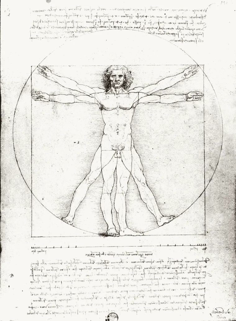 Leonardo da Vinci's Vitruvian Man: a nude male figure inscribed in a circle and a square, arms and legs shown in two superimposed positions to study the proportions of the human body.